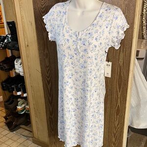 Laura Ashley White Ribbed Nightgown with Blue Floral Print